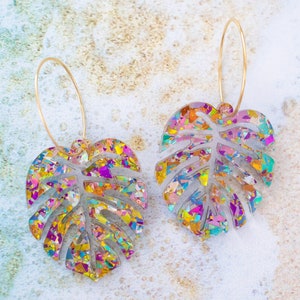 Monstera Earrings, Multicolor Glitter Palm Leaf Earrings, Summer Jewelry, Tropical Earrings