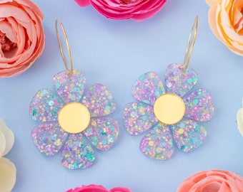 Pastel Daisy Hoop Earrings, Retro Flower Earrings, Spring Earrings, Summer Jewelry