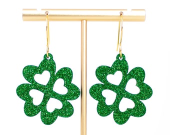 Glitter Shamrock Earrings: St Patrick's Day Heart Clover Dangles
