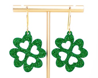 St Patrick's Day Earrings, Heart Clover Earrings, Shamrock Dangles, Glitter St. Patty's Day Jewelry