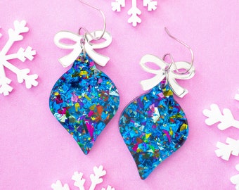 Blue Christmas Ornament Earrings, Festive Jewelry, Holiday Statement Dangles, Christmas Bulb Dangles