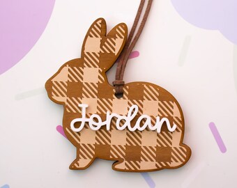 Checkered Bunny Easter Basket Tag, Personalized Easter Basket Tag, Wood Bunny Tag, Custom Bunny Tag, Personalized Name Tag, Easter Decor