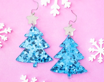 Blue Christmas Tree Earrings, Festive Jewelry, Acrylic Dangles, Holiday Earrings, Holiday Statement Earrings