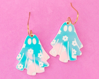 Cute Ghost Earrings Acrylic Dangles, Holographic Retro Halloween Earrings