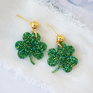 St Patrick's Day Earrings Small Glitter Shamrock Dangles, Clover Earrings, St Patty's Day Gifts For Her image 1