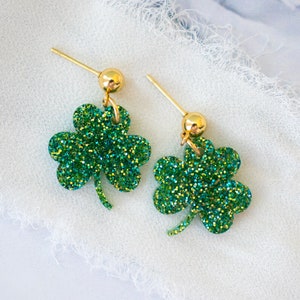 St Patrick&#39;s Day Earrings Small Glitter Shamrock Dangles, Clover Earrings, St Patty&#39;s Day Gifts For Her