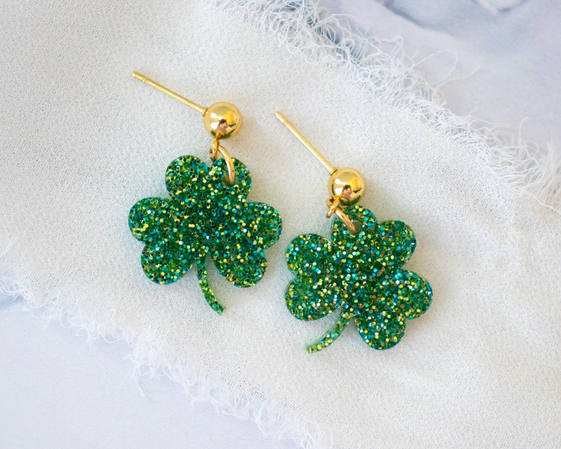 St Patrick's Day Earrings Small Glitter Shamrock Dangles, Clover Earrings, St Patty's Day Gifts For Her image 1