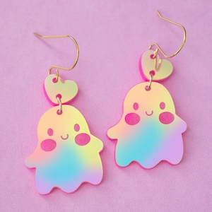 Cute Holographic Ghost Earrings Acrylic Dangles, Pink Halloween Earrings