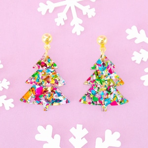 Christmas Tree Earrings SMALL Multicolor, Acrylic Dangles, Festive Jewelry, Pink Christmas Tree, Holiday Earrings, Holiday Statement Earring