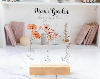 Letrero para el jardín de mamá, letrero personalizado con flores de nacimiento, letrero para la abuela, letrero de cumpleaños familiar, letrero para el Día de la Madre, regalo personalizado para el Día de la Madre