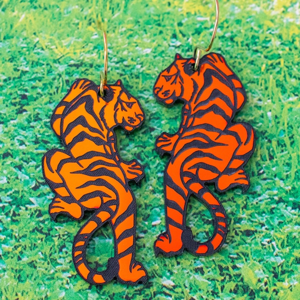 Holographic Tiger Dangle Earrings: Bold Acrylic Animal Jewelry