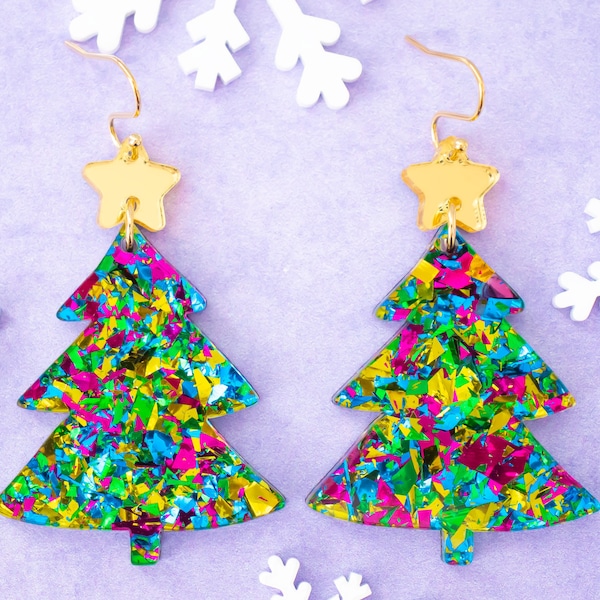 Green Christmas Tree Earrings, Festive Jewelry, Glitter Holiday Earrings, Sparkly Holiday Statement Earrings