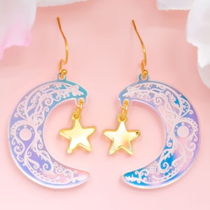 Celestial Earrings, Moon And Star Earrings, Iridescent Dangles, Witchy Earrings, Gifts For Her, Acrylic Jewelry For Women