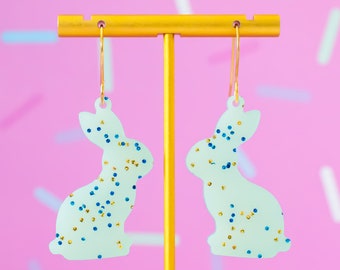 Mint Glitter Bunny Earrings Easter Dangles, Easter Jewelry, Statement Earrings