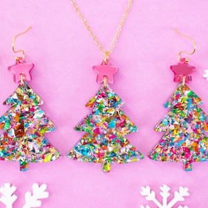 Christmas Tree Necklace and Earrings Set, Pendant Necklace, Earrings, Holiday Jewelry Set, Christmas Necklace,