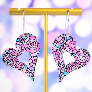 Stained Glass Heart Earrings | Vintage Valentine&#39;s Day Dangles | Large Heart Earrings for Women | Unique Gift Idea