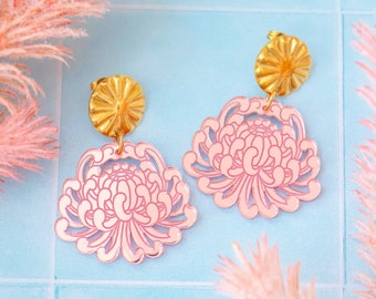 Chrysanthemum Earrings, Pink Flower Dangles, November Birth Month Flower