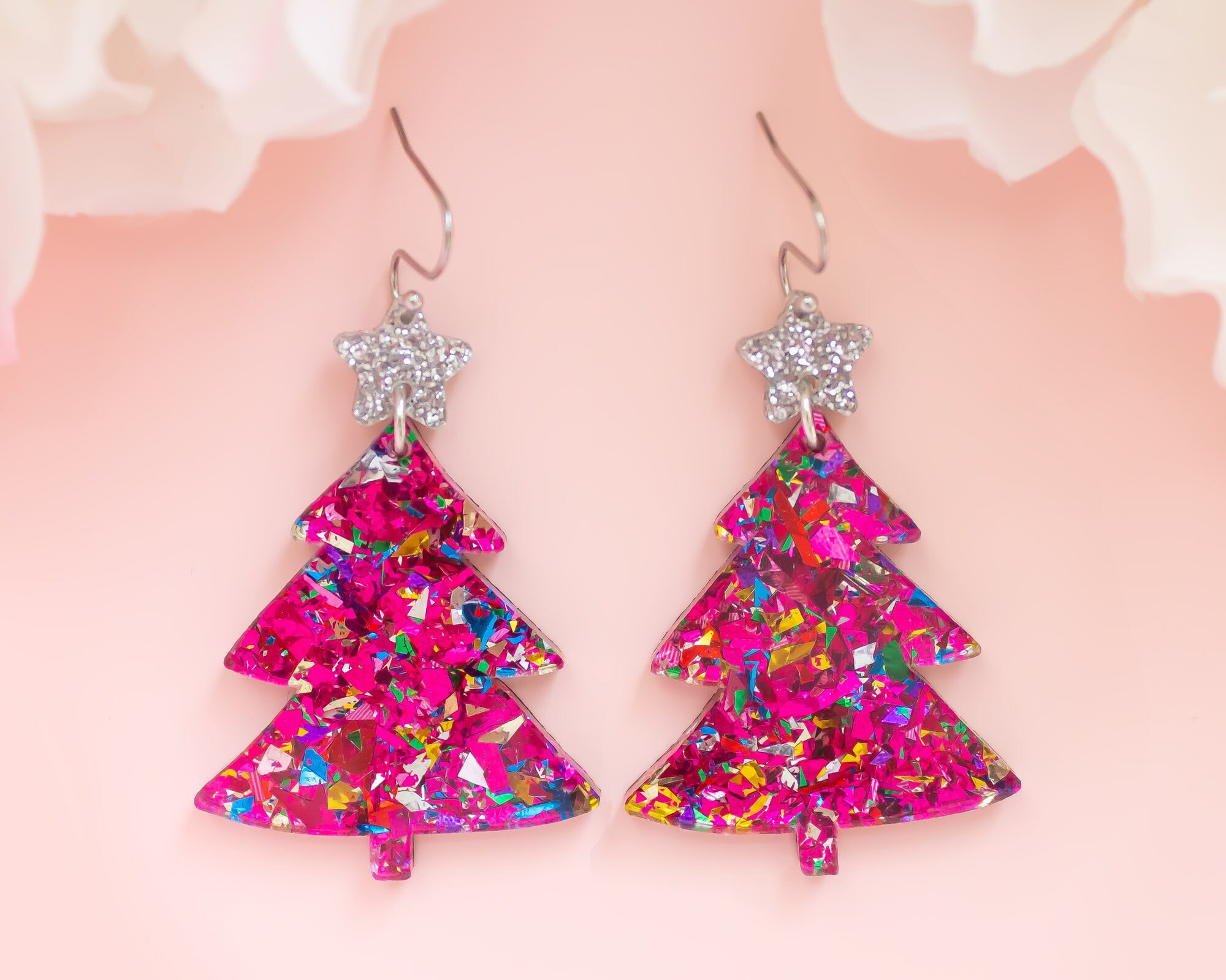 Christmas Tree Earrings Festive Jewelry Pink Christmas Tree