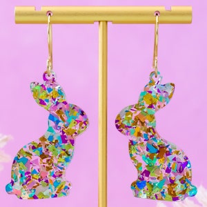 Bunny Earrings Easter Dangles, Glitter Easter Jewelry, Statement Earrings