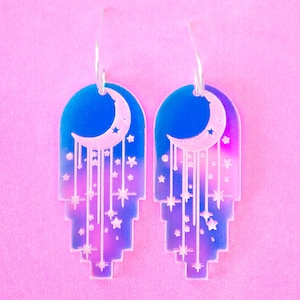 Moon and Stars Earrings, Celestial Earrings, Iridescent Dangles, Witchy Earrings, Gifts For Her, Acrylic Jewelry For Women