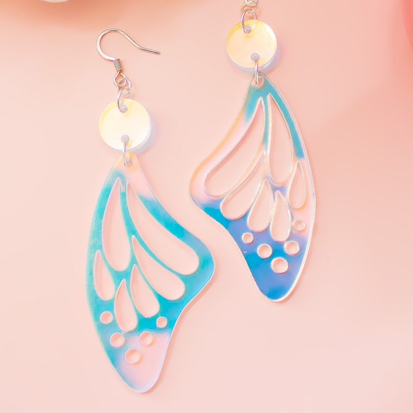 Holographic Butterfly Wing Dangle Earrings: Iridescent Acrylic Jewelry
