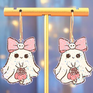 Cute Bow Ghost With Pumpkin Earrings Acrylic Dangles, Pink Halloween Earrings