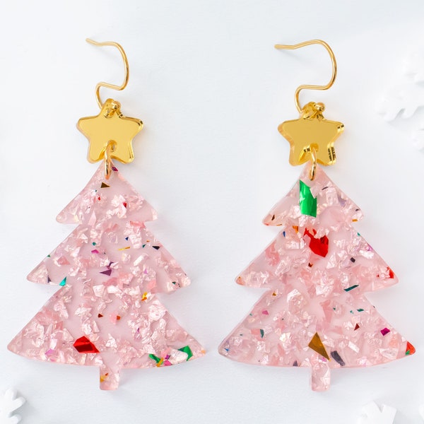 Light Pink Christmas Tree Earrings, Festive Jewelry, Pink Christmas Decor, Acrylic Dangles, Holiday Earrings, Holiday Statement Earrings
