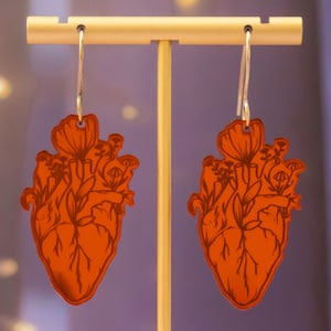 Red Anatomical Heart Acrylic Earrings, Floral Heart Love Dangles