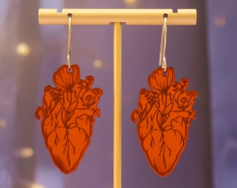 Red Anatomical Heart Acrylic Earrings, Floral Heart Love Dangles