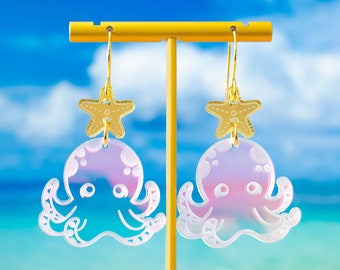 Octopus Earrings Holographic, Cute Animal Earrings Dangle, Big Bold Earrings, Fun Jewelry, Gifts For Her, Self Gift Jewelry