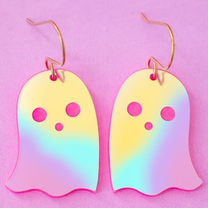Holographic Ghost Earrings Acrylic Dangles, Pink Halloween Earrings