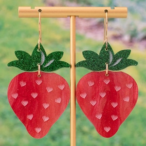 Red Strawberry Earrings, Acrylic Dangles, Gift For Friend, Big Bold Earrings, Fun Jewelry, Gifts For Her, Self Gift Jewelry
