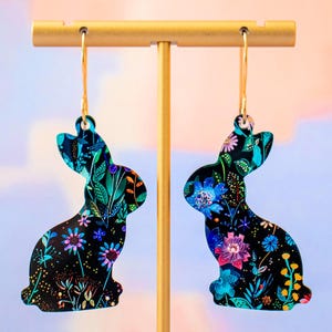 Dark Floral Bunny Earrings Easter Dangles, Easter Jewelry, Statement Earrings, Spring Earrings