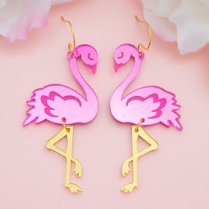 Flamingo Earrings Pink, Flamingo Gifts, Dangle Acrylic Earrings, Gift For Friend, Big Bold Earrings, Fun Jewelry, Gifts For Her