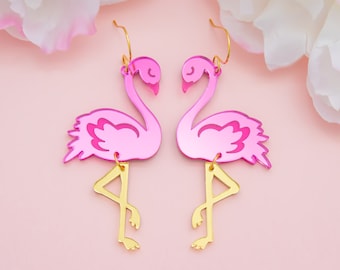 Flamingo Earrings Pink, Flamingo Gifts, Dangle Acrylic Earrings, Gift For Friend, Big Bold Earrings, Fun Jewelry, Gifts For Her
