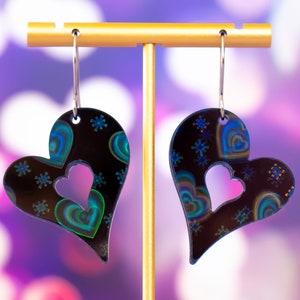 Black Holographic Heart Earrings, Valentines Earrings, Large Heart Dangles, Valentine&#39;s Day Jewelry