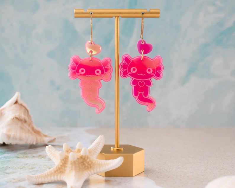 Axolotl Earrings, Amphibian Dangles, Holographic Pink Statement Earrings image 3