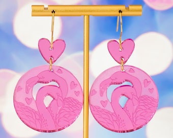 Valentines Earrings Pink Flamingo, Flamingo Gifts, Dangle Acrylic Earrings, Gift For Friend, Big Bold Earrings, Fun Jewelry, Gifts For Her