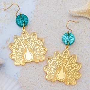 Statement Peacock Earrings, Peacock Gifts, Dangle Acrylic Earrings, Gift For Friend, Big Bold Earrings, Fun Jewelry, Gifts For Her