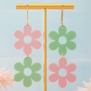 Retro Daisy Earrings, Pink Green Flower Earrings, Groovy Jewelry, Mismatched Earrings