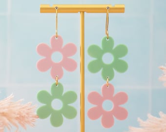 Retro Acrylic Daisy Earrings: Pink & Green Groovy Jewelry