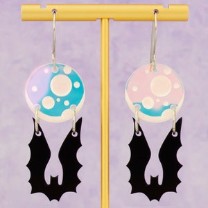 Bat Moon Earrings Glitter Dangles, Halloween Earrings, Holographic Jewelry, Spooky Earrings Acrylic Dangles