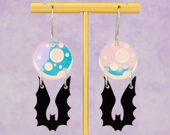 Bat Moon Earrings Glitter Dangles, Halloween Earrings, Holographic Jewelry, Spooky Earrings Acrylic Dangles