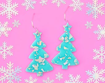 Retro Blue Glitter Christmas Tree Earrings, Festive Jewelry, Holiday Earrings