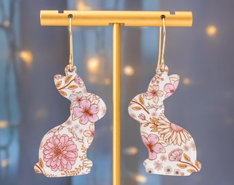 Blumen Häschen Ohrringe aus Acryl, Boho Osterschmuck