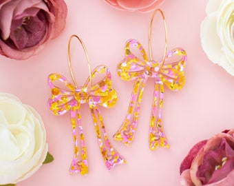 Pink and Gold Sequin Bow Earrings, Coquette Aesthetic