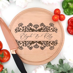 Wood Cutting Board, Personalized Cutting Board, Floral Engagement Gift For Couple, Personalized Charcuterie Board, Engagement Gift