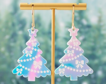 Christmas Tree Earrings, Acrylic Dangles, Festive Jewelry, Holographic Christmas Tree, Holiday Earrings, Holiday Statement Earrings