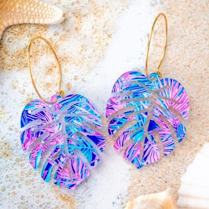 Monstera Earrings, Blue & Pink Palm Leaf Earrings, Summer Jewelry, Tropical Earrings