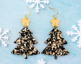 Black and Gold Christmas Tree Earrings, Festive Jewelry, Holiday Statement Earrings